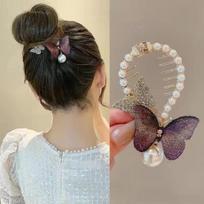 Tassel Pearl Embroidered Butterfly Hairpin Back Of The Head Hair Clip Female Ball Hair Accessories One Size violetinė