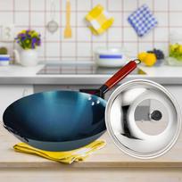Chef's Wok Pan with Wood Handle And Lid for Home Cooking Pot Diameter 30cm