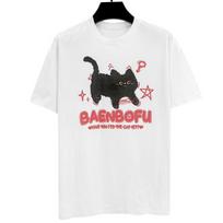 Summer Creative Casual Cat Print Pure Cotton Heavy Loose Short Sleeve Pure Cotton Vintage Crew-neck Fashion Brand Ins S