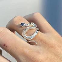 Sea blue topaz snake opening ring with creative niche design, ins cool style ring one size(US size 5-13）