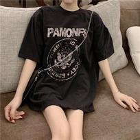 Hong Kong Style Women's Black Retro Chic Loose-Fit Short-Sleeved Mid-Length Summer T-Shirt XXL juoda