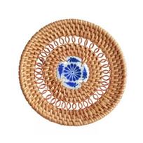 Handmade Rattan Coasters Heat Insulation Pads Kitchen Table Mats with Ceramic Inlay Decorative Placemats for Dining Room Bar S