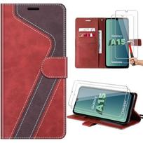 Case for Samsung Galaxy A15 5G-4G, Red, Two-Tone Pattern PU Leather Protection with Card Pocket and Stand + 2 Tempered Glasses raudona