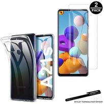2 Tempered Glasses for Samsung Galaxy A21S and 1 Transparent Soft Protective Case with Toproduits® Stylus skaidri