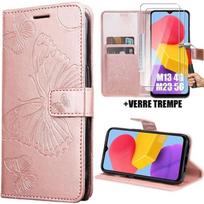 Case - Samsung - Galaxy M13 4G/M23 5G - Leather Effect - Butterfly Pattern - Scratch Protection rožinė