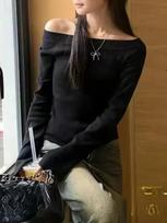 Sexy Pullovers Women Off Shoulder Cropped Knitted Basic Clothes Autumn All-match Side Slit Simple Tender Slim Gentle Seductive M juoda