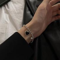 Black Pearl Bracelet & Necklace Set with Heart Charm - Elegant Round Beads in Trendy Cold Style for Women