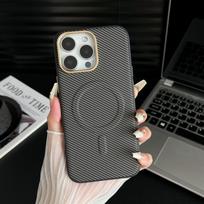 Applicable To IPhone16ProMax Kevlar Carbon Chisel Dimension Mobile Case Magnetic Suction Apple 15 with Metal Lens Ring iPhone16 pilka spalva