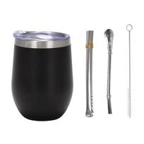 Yerba Mate Gourd Arbatos Puodelio Rinkinys 12oz, Dvigubos Sienelės Nerūdijančio Plieno Kavos Vandens Puodelis Su Dangteliu 2 Bombilla Šiaudeliai Šaukštas & Šepetėlis juoda