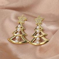 Huitan Unique Design Christmas Tree Earrings Imitation Pearl for Women Temperament Sweet Girls Earrings New Year Party Jewelry