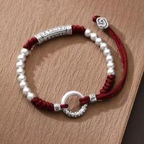 Six-character Mantra Safety Buckle Red Rope Retro National Style Bracelet Men's and Women's Handmade Beaded Hand Rope