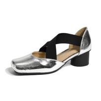 Silver ballet shoes hollow leather sandals women's summer wear retro square head thick heel light mouth Mary Jane single shoes 35