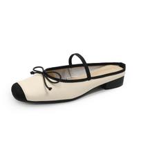 Leather ballet shoes women's bow cool slippers square head temperament retro summer outer wear bag head single shoes half slippers 35