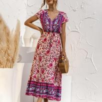 Women's  Casual Fasion Sexy Print V-neck Short-sleeve High-waisted Elastic Waist Lace-up Big Swing Bohemian Dress M violetinė