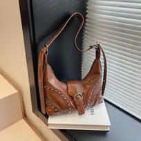 Oil wax leather horn bag rivet heavy-duty motorcycle bag high-end feel single-shoulder cross-body bag