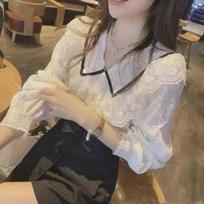 Korean Color Block Peter Pan Collar Lace Crochet Blouse L balta