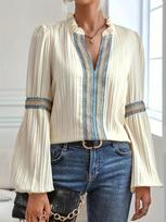 2024 V-Neck Loose Solid Color Lace Patchwork Lantern Sleeve Shirt S pilkšvai balta