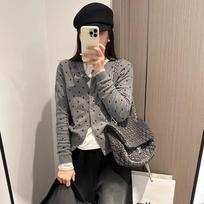 Gray Polka Dot Knit Cardigan - Women's Autumn/Winter Layered Slimming Long Sleeve Top One Size pilka spalva