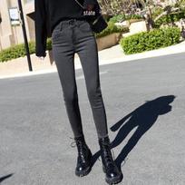 Women's Black and Gray High-Waisted Skinny Jeans - Slimming, Elastic Pencil Pants with Double-Button Closure 29 juoda pilka spalva