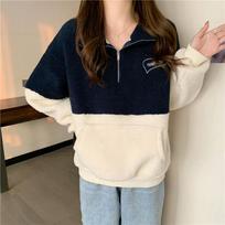 Women's Fleece Lamb Pullover: Trendy Stand-up Collar, Half-Zip, Plus Velvet, Thick, Loose, Long-Sleeved for Autumn/Winter XXL mėlyna