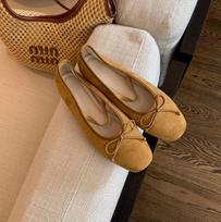 Sheepskin version~ Ballet elastic word with light mouth sweet bow leather shoes 35 ruda