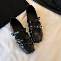 Sheepskin version~ retro bow light mouth ballet shoes square head small single shoes one-word buckle belt thick-soled Mary Jane shoes 35