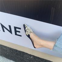 Pointed pearl rhinestone women's half-drag summer bag head sexy flat slippers sandals large size 40-43 41 juoda