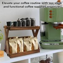 Wood Countertop Shelf Organizer Coffee Station Rack, Retro 2 Tier Condiment Storage for