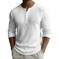 Men's Color Ribbed Textured Button Down Round Neck Long Sleeved Top XXXL balta