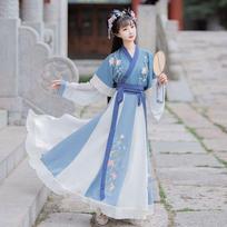 Kinų moterų šokių suknelė Hanfu Moteriška Suaugusiųjų Elegantiška pavasario rudens senovinio stiliaus apykaklė juosmens sijonas gradiento scena Hanfu S mėlyna