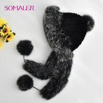 SOMALER Knit Real Mink Fur Hats for Winter Women Weave Fur Cap with Fox Fur Pompom Fox Fur Brim Luxury Female Knitted Beanies geltona