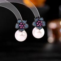Europe and America Pop Flower Pearl Dangle Earrings Long Temperament Crystal Earring Jewelry Sweet Statement Earings mėlyna