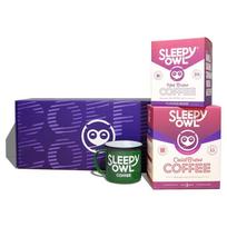 Sleepy Owl Celebration Box (Green) | Set of 5 Cold Brew Packs (Flavour Box) + Set of 10 Hot Brew Bags (Flavour Box) + 1 Enamel Mug (Green)