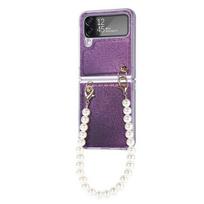 For Samsung Galaxy Z Flip 4 Glitter Anti -Fingerprint Carbon Fiber Fitted With Pearl Chain Case For Girls Women Anti -Drop Cover For Galaxy Z Flip 4 violetinė