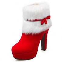 New Suede Thick Heel High-heeled Fashion Boots Fur Mouth Bow Side Zipper Waterproof Platform Short Boots for Women 35 raudona