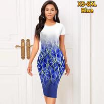 Slim Short Sleeve Knee-length Dress Fashion Women Midi 3D Stacking Leaves Print Dress 6XL geltona