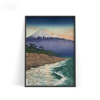 Okada Koichi Vintage Japanese Printmaking Art Poster Fuji Mountain Canvas Painting on the Coast 21cm×30cm NoFrame gray