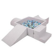 KiddyMoon putplasčio žaidimų aikštelė vaikams su kvadratine kamuoliuku (300 kamuoliukų Kamuoliukai 7cm/2,75col), šviesiai pilka:Pearl/grey/transp/bblue/mint