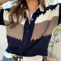 Autumn Casual Tops Fashion Vintage Loose Jacket Long Sleeve Patchwork Knitted Cardigan V-neck Short Sweater Outerwear 29493 One Size tamsiai mėlyna spalva