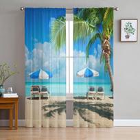 Kėdės ir palmės paplūdimyje, permatomos užuolaidos miegamajam, svetainei, tiulio užuolaidos virtuvei, langų užuolaidos. 135W x 114H(cm)