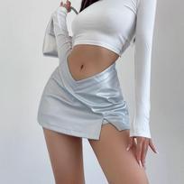 Silver PU Leather Skirt Women Y2k Sexy Slim Female Clothing Gothic V High Waist Slit Casual Short Skirts Streetwear M sidabras