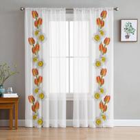 Tulip Daisy Flowers Tulle Curtain For Living Room Sheer Valance Curtain For Kitchen Bedroom Window Drapes 135W x 114H(cm) white
