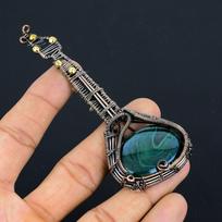 Natural Guitar Malachite Gemstone Handmade Copper Wire Wrap Pendant 4.33 V3g37 black