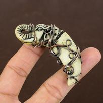 Natural Hand Carved Elephant Carving Stone Copper Wire Wrap Pendant 2.76  Q0W03