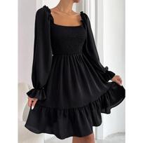 IHUASU Simple Square Neck Parallel Crepe Seam Dress with Ruffled Hem S juoda