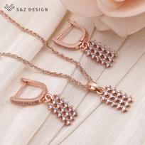 Fashion Rectangle Cute Round Cubic Zirconia Drop Earrings Jewelry Sets For Women Rose Gold Color Necklace gray