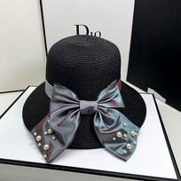 Un Hat Imitation Pearl Mesh Decor Breathable Sun Protection Versatile Straw Hat Bowknot UV Protection Wide Brim for Women 56-58cm