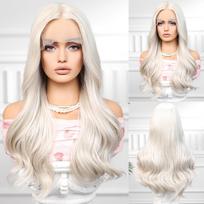 ALAN EATON  T Part Long White Platinum Hair Body Wavy Front Lace Wigs Synthetic for White Black Women Daily Use Wig High Density