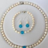 New 7-8mm White Pearl   aquamarine Necklace blue bracelet Earring Set