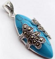 VINTAGE 925 STERLING SILVER TURKEY BLUE jade PENDANT 40X15mm